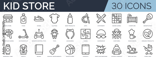 Set of 30 outline icons related to kid store. Linear icon collection. Editable stroke. Vector illustration
