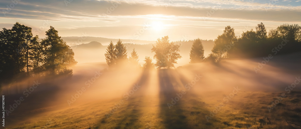 Obraz premium Golden sunrise over a misty landscape, with rays of sunlight streaming through trees, creating a peaceful and atmospheric scene with ample copy space for design elements