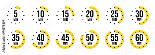 Simple stopwatch icons. Colorful chronometer, time counter with dial. Countdown timer showing hours and minutes. Deadline, measurement for sport. Cooking time label, sticker. Vector illustration
