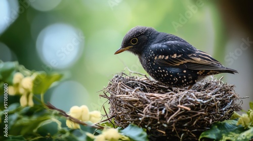 Blackbird Perched on a Nest in a Garden Setting