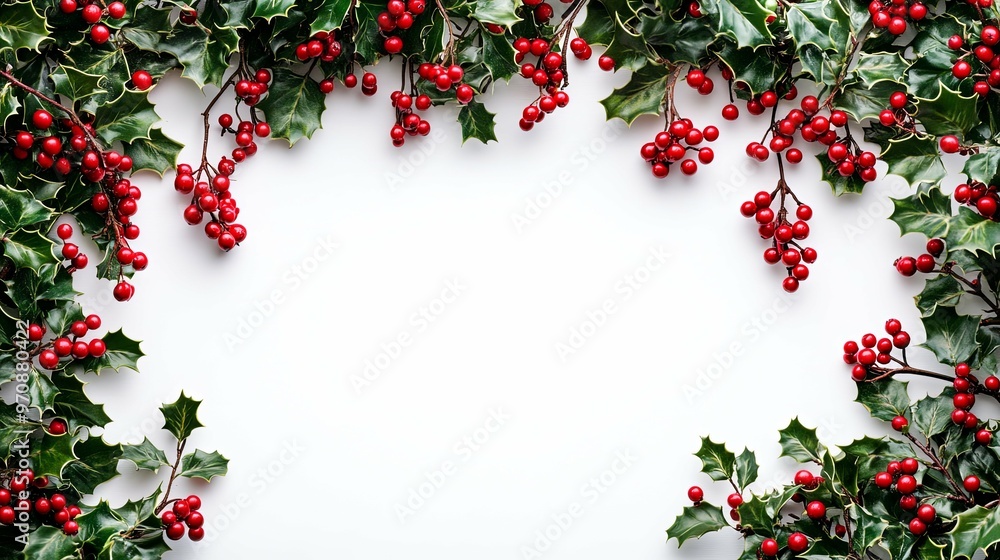 Holly Sprigs and Red Berries Frame White Background Holly Sprigs and Red Berries Frame White Background