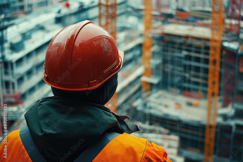 Construction Worker Looking at Building Under Construction Construction Worker Looking at Building Under Construction
