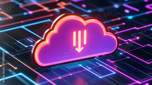 Neon Cloud Download Icon on Abstract Circuit Board