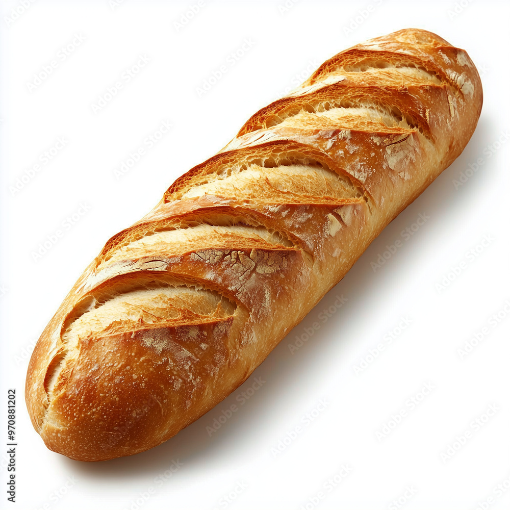 A crispy golden-brown French baguette, isolated on a white background A crispy golden-brown French baguette, isolated on a white background