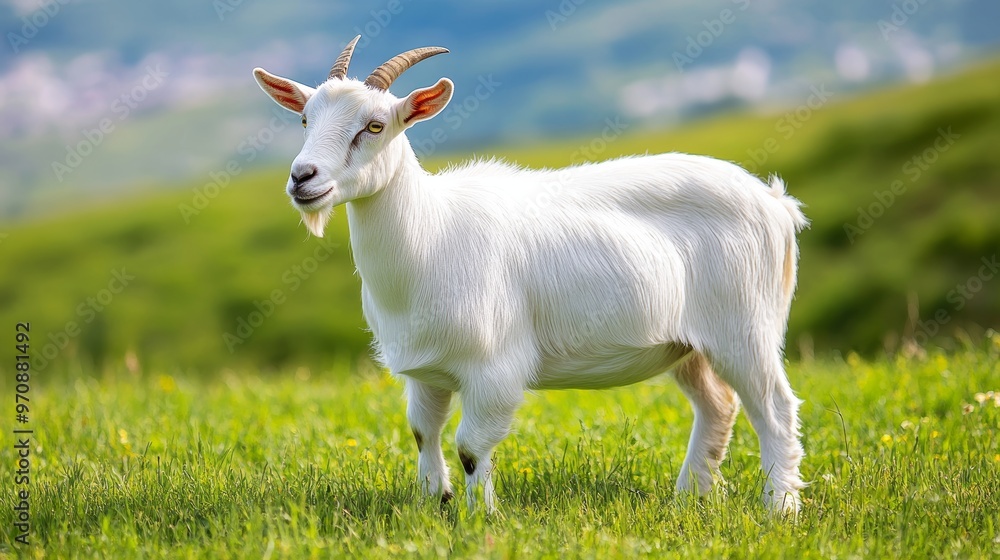Lamancha goat on green pasture side view. Adorable pet american lamancha goat breed of earless goats Lamancha goat on green pasture side view. Adorable pet american lamancha goat breed of earless goats