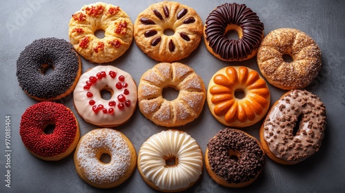 A colorful assortment of donuts arranged in a visually appealing pattern.