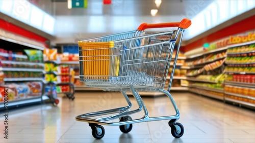 Supermarket scene of shopping cart in front of a supermarket