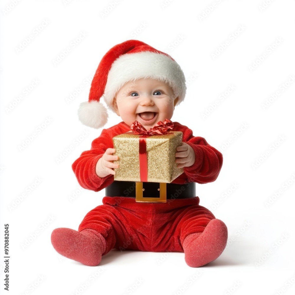 Adorable Baby Santa Holding Gift Box in Pastel Colors, Smiling Isolated on White Background Adorable Baby Santa Holding Gift Box in Pastel Colors, Smiling Isolated on White Background