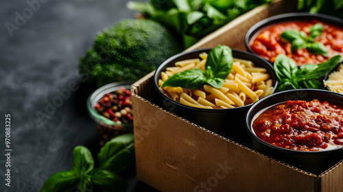 Various Canned Food Pasta And Cereals Cardboard photo