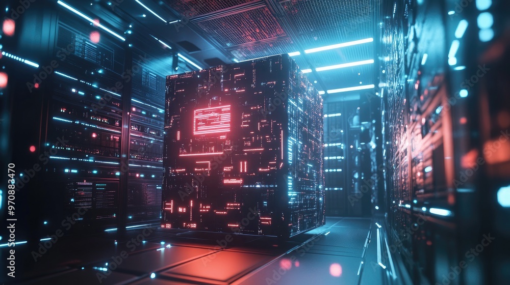 A glowing, futuristic server cube in a data center with neon lights. A glowing, futuristic server cube in a data center with neon lights.