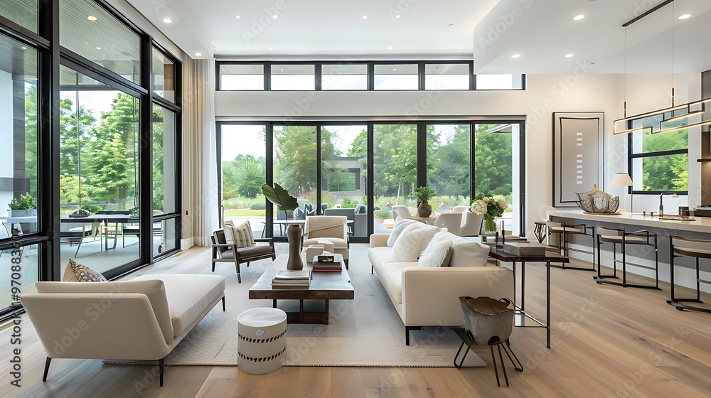 Open concept space featuring low-profile baseboards and large windows Open concept space featuring low-profile baseboards and large windows