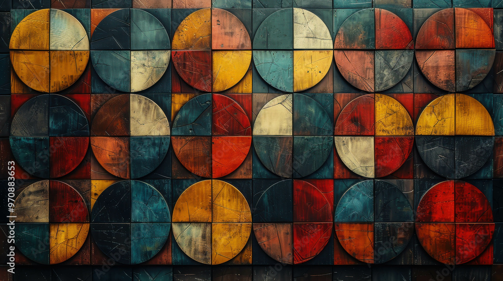 Fototapeta premium A colorful mosaic of squares and circles. The colors are bright and bold, creating a lively and energetic atmosphere. The design is abstract and modern, with a sense of movement and depth