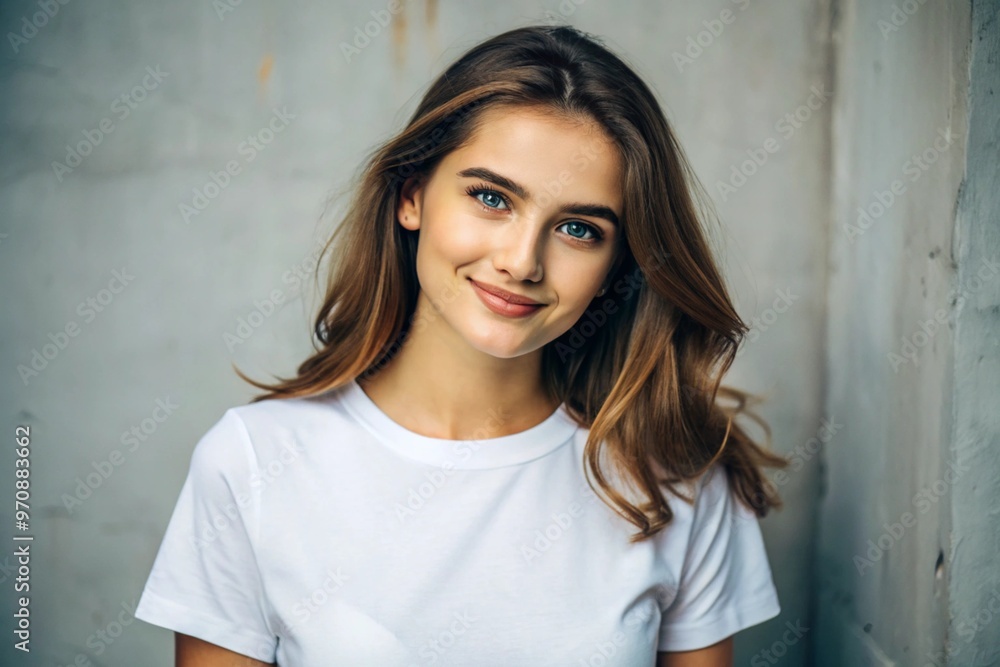 Stylish Woman Smiling Against Brick Wall - Fashionable Blonde Model in Glamorous Dress Stylish Woman Smiling Against Brick Wall - Fashionable Blonde Model in Glamorous Dress