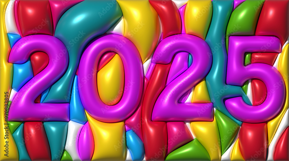 Fototapeta premium 2025 on a colorful background with curved shiny shapes, 3D rendering illustration