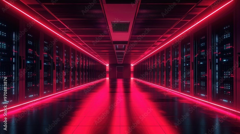 Long hallway in a futuristic server room with red neon lights. Long hallway in a futuristic server room with red neon lights.