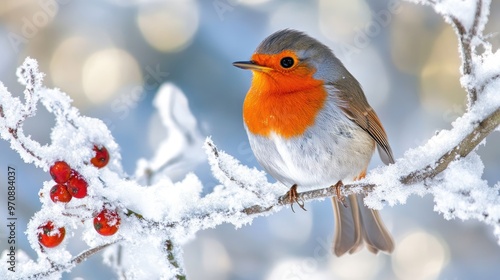 European Robin Perched on a Snowy Branch photo