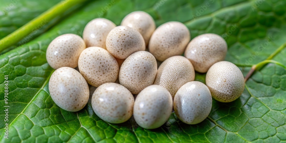 Tiny oval eggs cluster on stems or leaves, showcasing smooth or textured exteriors, adding subtle beauty to the Tiny oval eggs cluster on stems or leaves, showcasing smooth or textured exteriors, adding subtle beauty to the