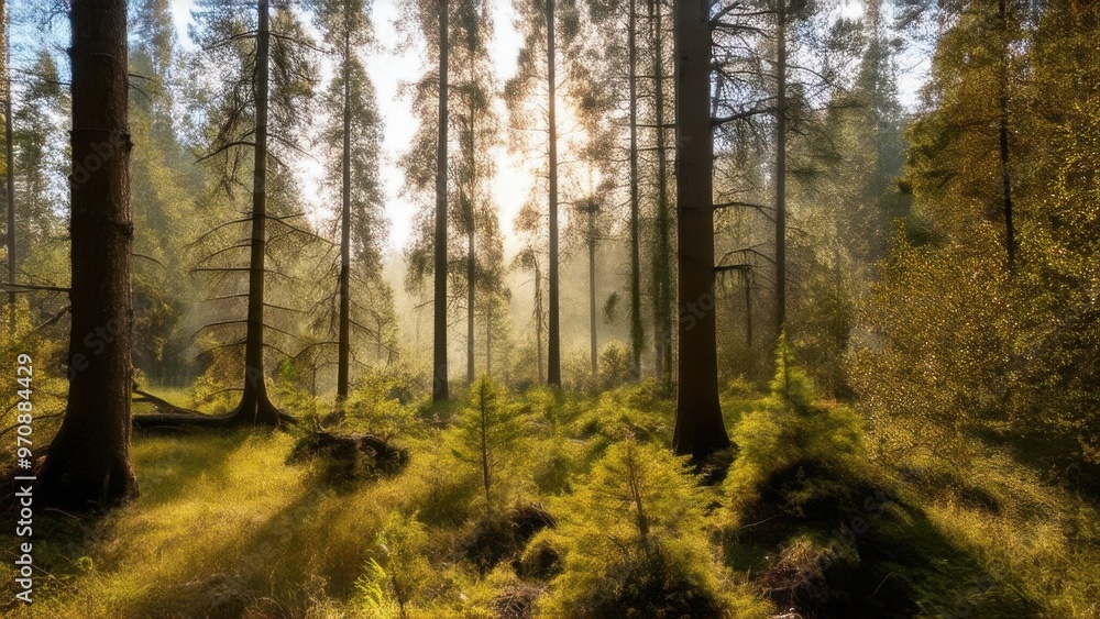 Fototapeta premium Observing the sunlight filtering through the trees in a forest, surrounded by a natural landscape of terrestrial plants, trunks, twigs, grass, and various shades of wood