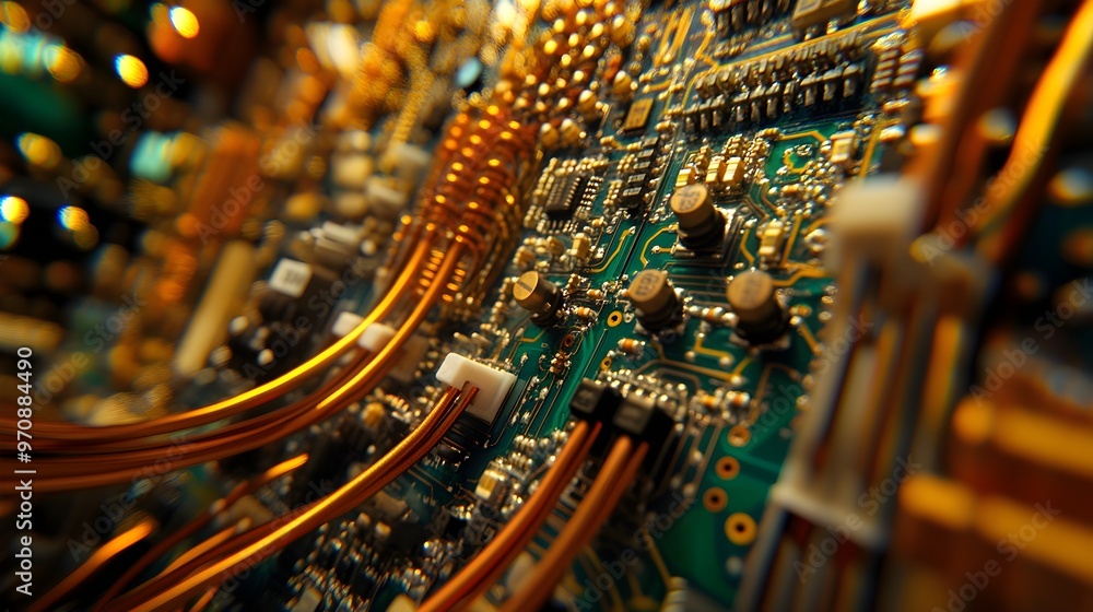 Obraz premium Beryllium copper circuit board integrated with graphene sheets, surrounded by ethereal light beams, and set against a clean, modern background