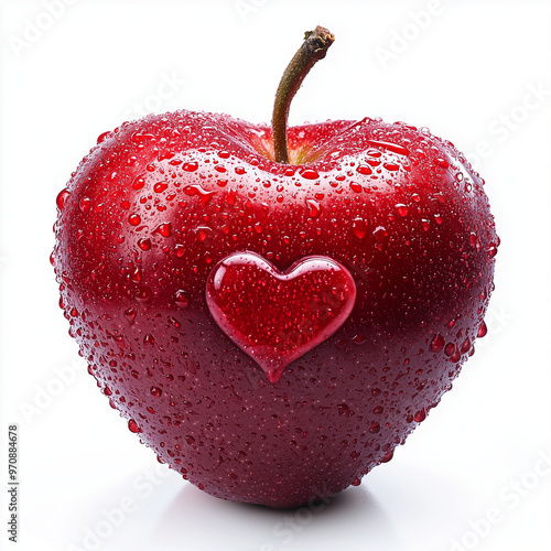 A single red apple with water droplets in heart shape, isolated on a white background, showing its glossy skin and fresh appearance