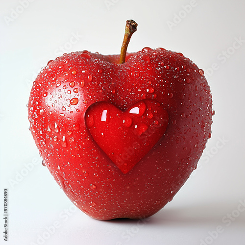 A single red apple with water droplets in heart shape, isolated on a white background, showing its glossy skin and fresh appearance
