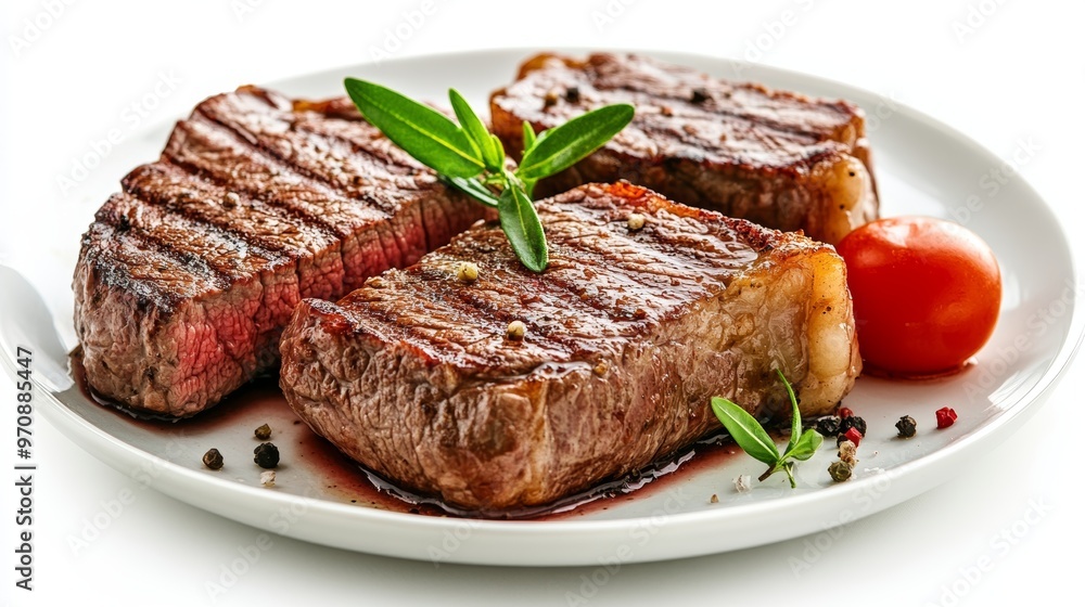 Beef steak served in plate on white background. Grilled steak medium rare. Beef steak served in plate on white background. Grilled steak medium rare.