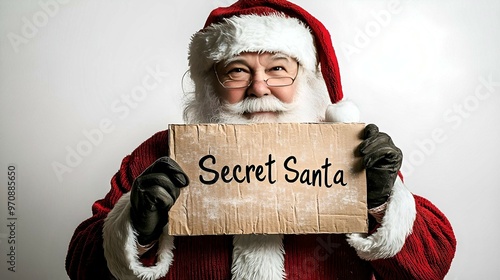 Santa Claus presents a cardboard 