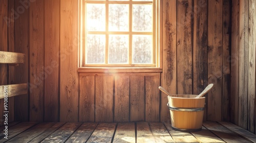 Traditional wooden Scandinavian sauna with water bucket photo