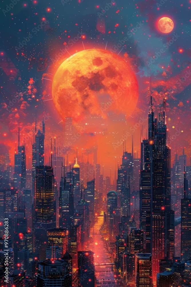 Fototapeta premium Futuristic Cityscape Under Red Moon