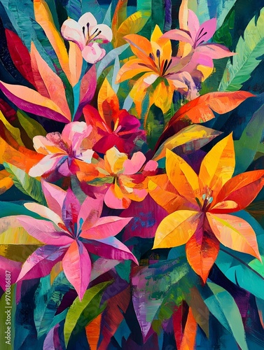 Vibrant Cubist Floral Bouquet:Tropical Blooms and Lush Foliage in Dynamic Greenhouse Composition
