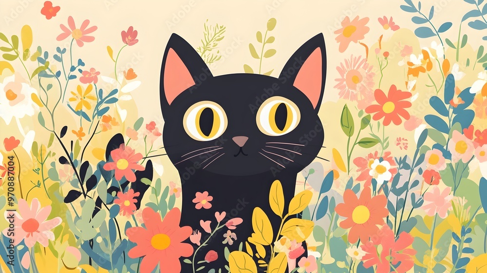 Charming Black Cat in Vibrant Floral Garden Charming Black Cat in Vibrant Floral Garden