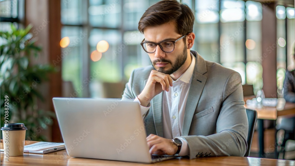 Busy European business man entrepreneur looking at laptop at work. Young businessman executive manager using computer sitting in office thinking of investment market digital data. Busy European business man entrepreneur looking at laptop at work. Young businessman executive manager using computer sitting in office thinking of investment market digital data.