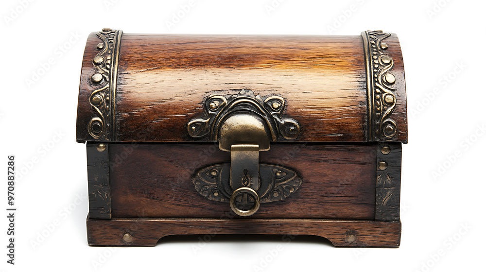 A weathered wooden chest with metal accents, closed and ready to hold its treasures. A weathered wooden chest with metal accents, closed and ready to hold its treasures.