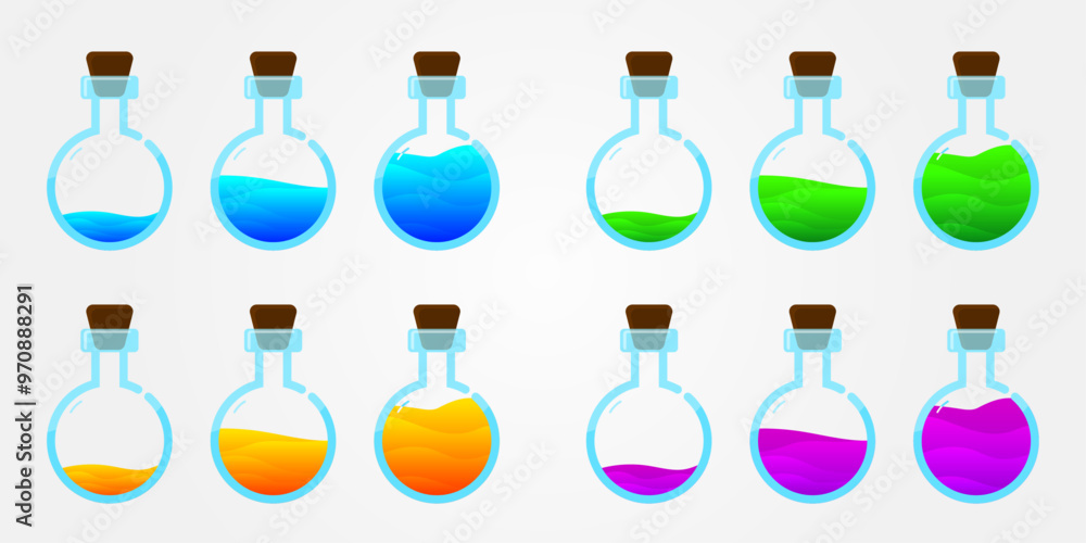 Set of glass bottles. Different colors potion flat style on white background. Vector illustration. Design elements for game collection. Set of glass bottles. Different colors potion flat style on white background. Vector illustration. Design elements for game collection.
