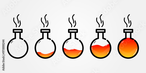Set of glass bottles. Different colors potion flat style on white background. Vector illustration.  Design elements for game collection. 