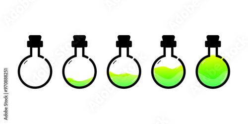 Set of glass bottles. Different colors potion flat style on white background. Vector illustration.  Design elements for game collection. 