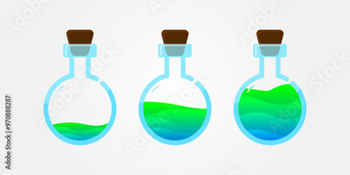 Set of glass bottles. Different colors potion flat style on white background. Vector illustration.  Design elements for game collection. 
