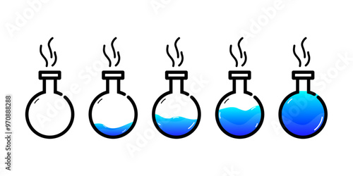 Set of glass bottles. Different colors potion flat style on white background. Vector illustration.  Design elements for game collection. 