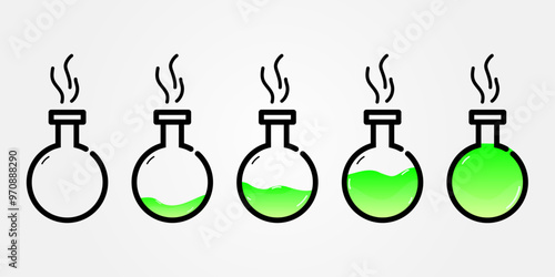 Set of glass bottles. Different colors potion flat style on white background. Vector illustration.  Design elements for game collection. 