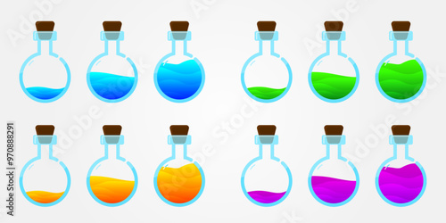 Set of glass bottles. Different colors potion flat style on white background. Vector illustration.  Design elements for game collection. 