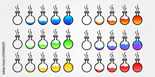 Set of glass bottles. Different colors potion flat style on white background. Vector illustration.  Design elements for game collection. 