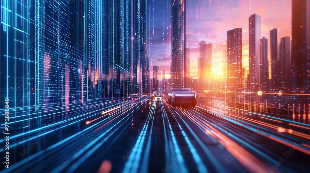 Obraz premium Autonomous vehicles transporting materials across a high-tech construction site