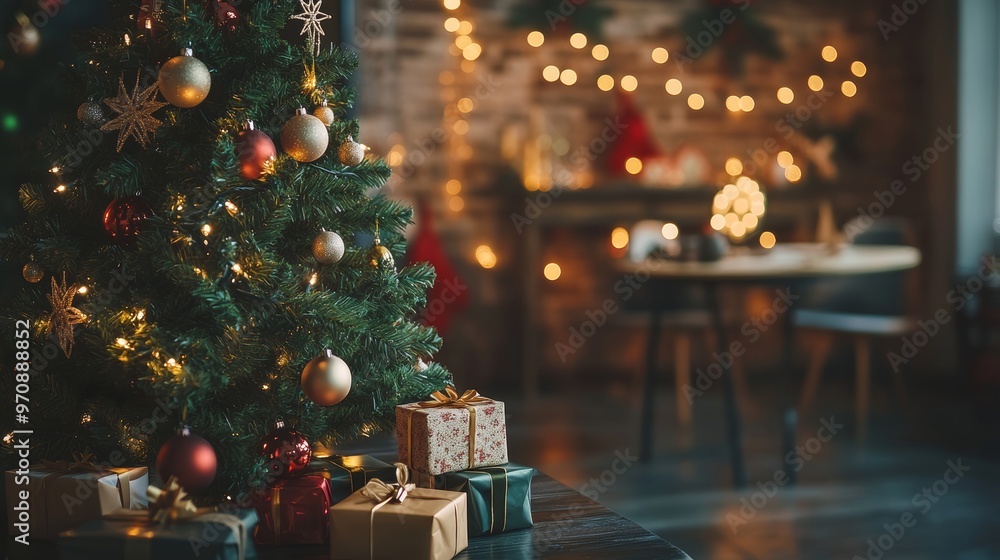 Decorated Christmas tree with decorations gifts and lights at home Decorated Christmas tree with decorations gifts and lights at home