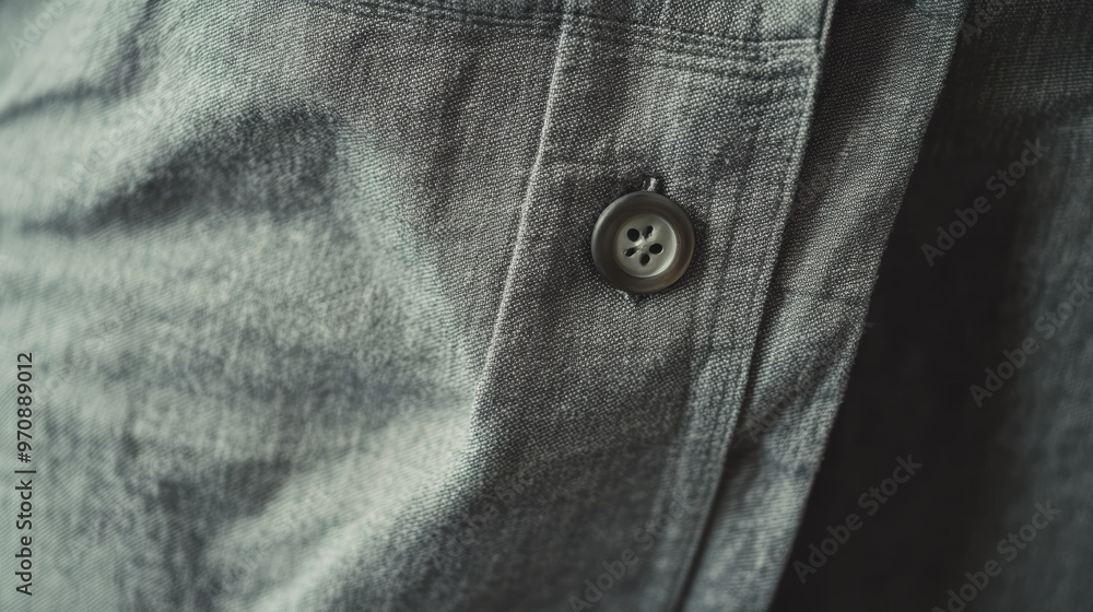 Close up of a gray shirts buttoned placket and pocket emphasizing the fabrics texture and sewing precision Close up of a gray shirts buttoned placket and pocket emphasizing the fabrics texture and sewing precision