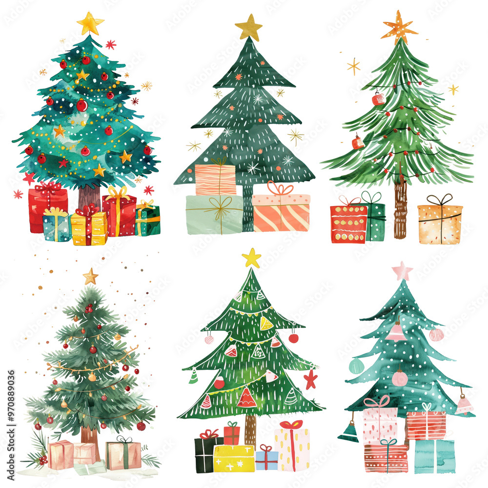 PNG watercolor Christmas tree element set, transparent background PNG watercolor Christmas tree element set, transparent background