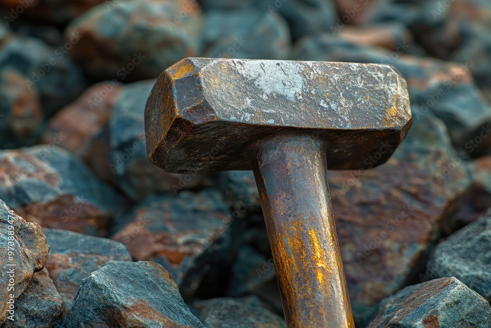 Closeup of a Rusty Hammer Head Resting on Rocks Closeup of a Rusty Hammer Head Resting on Rocks