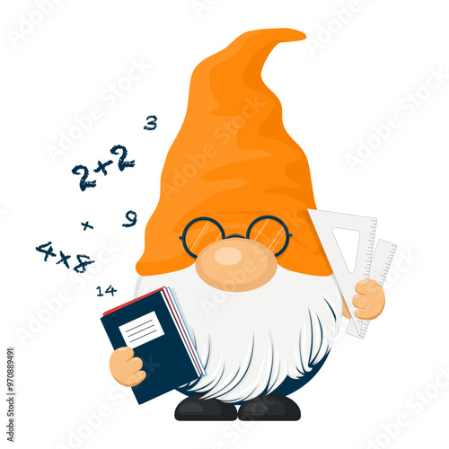 Cute gnome teacher with math tools and glasses