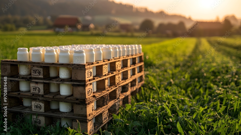 Fototapeta premium Wooden pallet placed on a farm, loaded with fresh dairy products, illustrating farm-to-market logistics in a pastoral setting