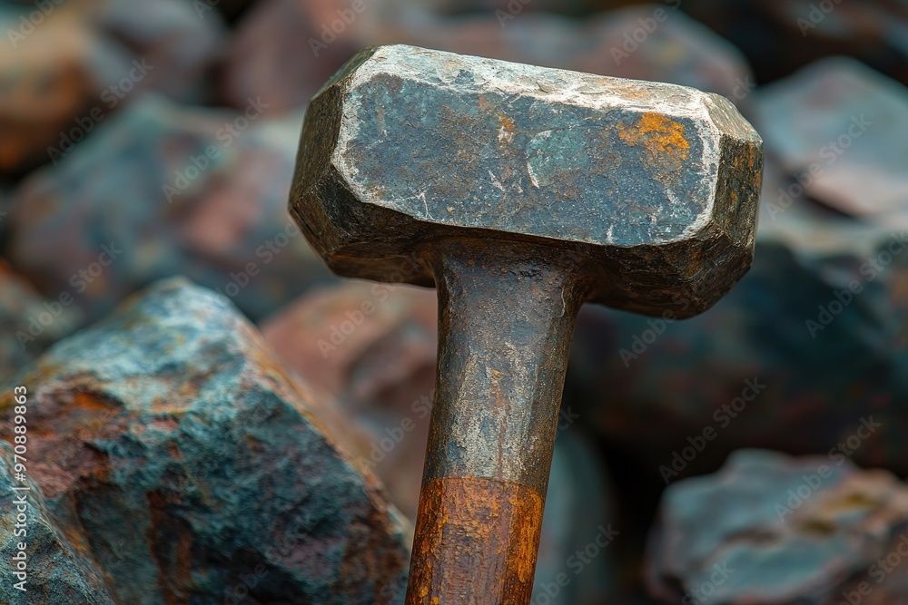 Close-up of a Rusty Sledgehammer Head with Blurry Rocks in the Background Close-up of a Rusty Sledgehammer Head with Blurry Rocks in the Background