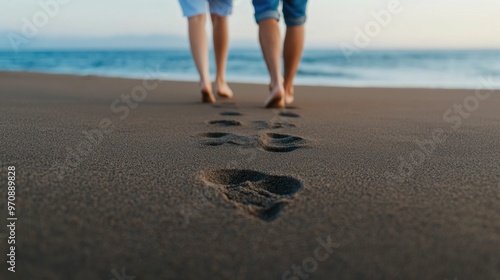 Couple s Enchanting Beach Stroll Footprints in the Sand Hands Entwined in Romantic Togetherness Capturing the Essence of Blissful Seaside Intimacy and Connection